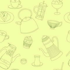 Hand drawn doodle with tea, dessert, cup and pot for tea party. Teatime backdrop can used as pattern fills, web page background, fabric, background. Vector seamless pattern, EPS10, clipping mask.