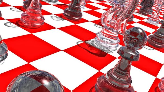 Movement of a view along the glass pieces on the red-white chessboard. 3D-Rendering. UHD - 4K