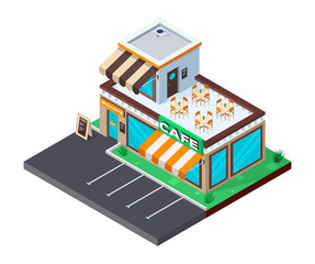 Сafe isometric building. Coffee shop with parking. Flat isometric icon. Welcome to cafe. Vector illustration