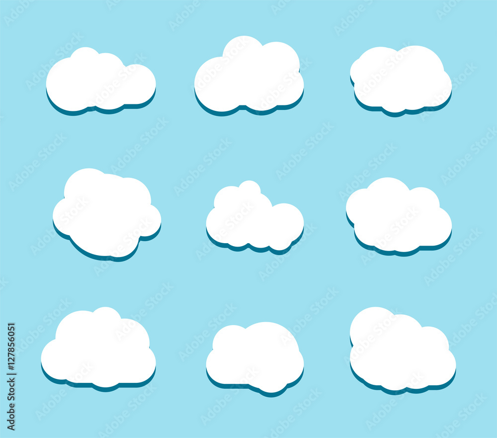 Poster set of white sky, clouds. cloud icon, cloud shape. set of different clouds. collection of cloud icon