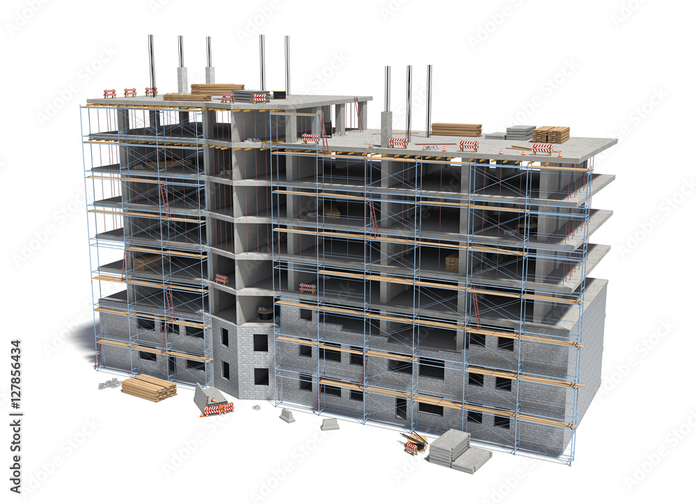 Poster rendering of building under construction with scaffolding and different equipment.