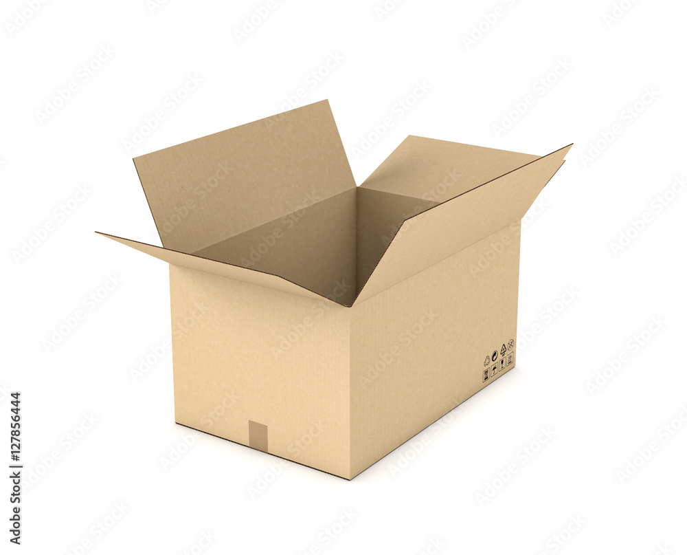 Poster rendering of open light beige cardboard mail box isolated on white background