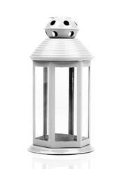 Gray lantern. Candlestick in the form of retro lamp. White candle holder. An isolated object on white background. Top  view. Closeup.