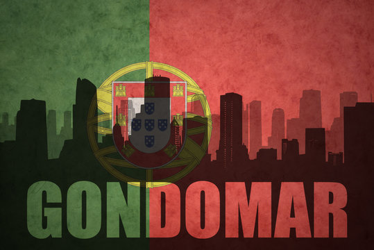 abstract silhouette of the city with text Gondomar at the vintage portuguese flag