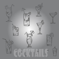 Vector set of cocktail glasses in the style of chalk on a blackboard