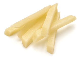 Raw Potato sliced strips prepared for French fries isolated on w