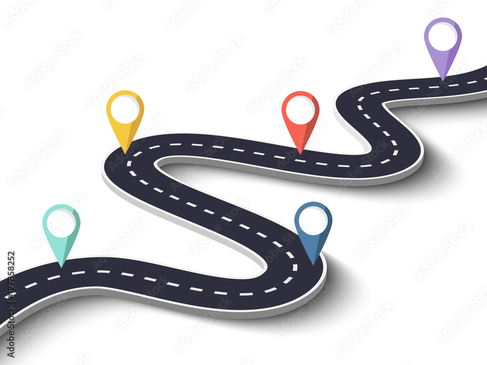 Poster winding road on a white isolated background. road way location infographic template with pin pointer
