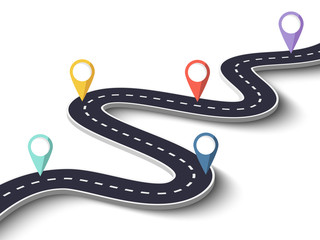 Winding Road on a White Isolated Background. Road way location infographic template with pin pointer. Vector EPS 10