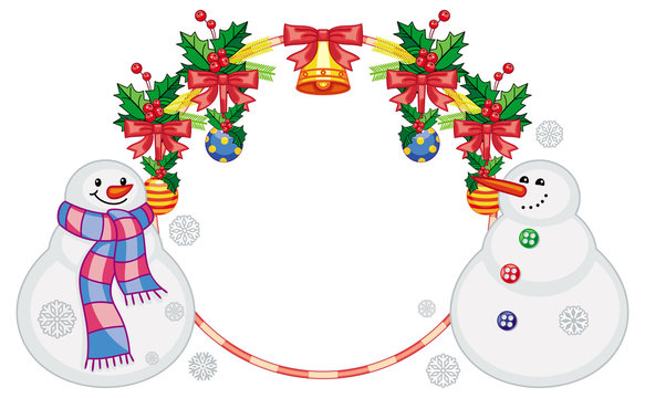 Round frame with Christmas decorations and snowman. Christmas design element. 