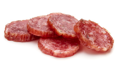 Salami smoked sausage slices isolated on white background cutout