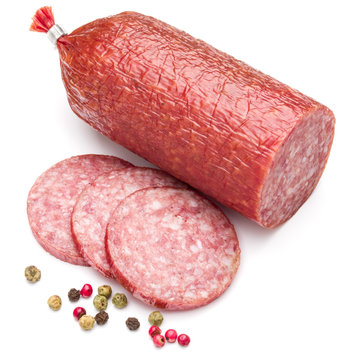 Salami smoked sausage and peppercorns isolated on white backgrou
