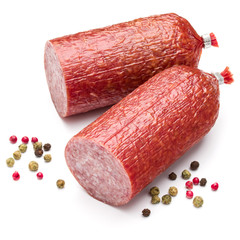 Salami smoked sausage and peppercorns isolated on white backgrou