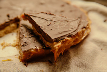 Chocolate cake on plate. Top view.