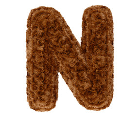 3d bushy bear fur alphabet capital letter N