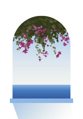 Bougainvillea flowers. Sea view through a window. Vector Illustration.
