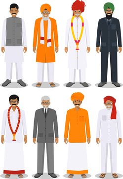 Set of different standing indian old and young men in the traditional clothing isolated on white background in flat style. Differences people in the east dress. Vector illustration.