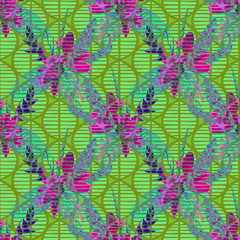 Seamless tropical floral pattern. Hand painted watercolor exotic plants: flowers of heliconia and bromelia, pink lilies, calathea leafs on ethnic tribal background. Textile design.