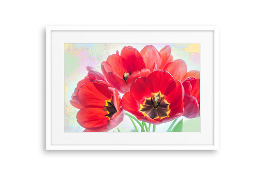 Frame with colorful spring poster, bouquet of beautiful tulips, painting style