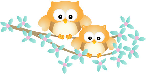 Cute owl couple sitting on tree branch