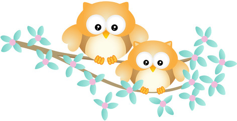 Cute owl couple sitting on tree branch