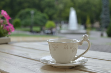 Fine porcelain cup on a park bench with park fountain in background
