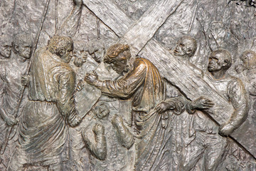 Medjugorje, Bosnia and Herzegovina, 2016/11/11. Bronze relief by Carmelo Puzzolo representing the...