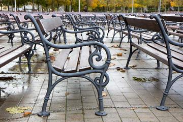 Pews (benches) behind the Saint James Church in Medjugorje, Bosnia and Herzegovina on 2016/11/11.