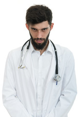 young doctor man with stethoscope looking serious