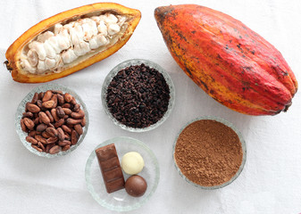 cacao fruit, cacao beans , cacao nibs