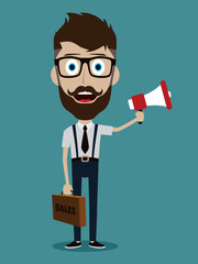 Vector illustration trendy flat style cartoon man holding megaphone and loudspeaker business advertising and promotion concept