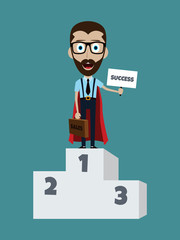 Young businessman in podium flat style superhero