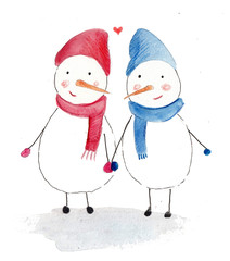 Christmas watercolor two snowman cute
