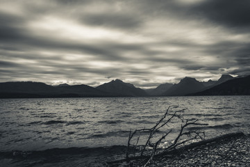 Lake McDonald on an overcast day. Black and white.