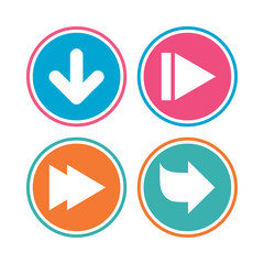Arrow icons. Next navigation arrowhead signs. Direction symbols. Colored circle buttons. Vector