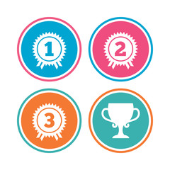 First, second and third place icons. Award medals sign symbols. Prize cup for winner. Colored circle buttons. Vector