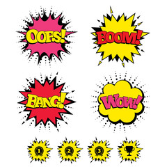 Comic Boom, Wow, Oops sound effects. First, second and third place icons. Award medals sign symbols. Prize cup for winner. Speech bubbles in pop art. Vector
