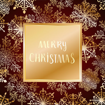 merry christmas vector card with gold snowflakes and hand drawn lettering
