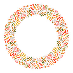 Greeting card with rowan and branches.Frame with ashberry.Watercolor hand drawn illustration.White background.