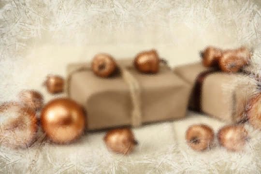 Christmas composition.Present boxes with string and craft paper,golden acorns and balls.Frozen window,unfocused.
