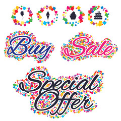 Sale confetti labels and banners. Birthday party icons. Cake with ice cream signs. Air balloon with rope symbol. Special offer sticker. Vector