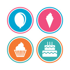 Birthday party icons. Cake with ice cream signs. Air balloon symbol. Colored circle buttons. Vector