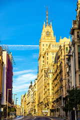 Fototapeta premium Telefonica Building in Gran Via street - Madrid, Spain