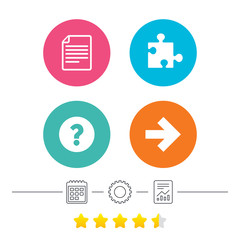 Question mark and puzzle piece icons. Document file and next arrow sign symbols. Calendar, cogwheel and report linear icons. Star vote ranking. Vector