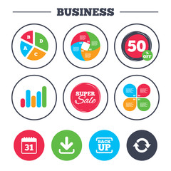 Business pie chart. Growth graph. Download and Backup data icons. Calendar and rotation arrows sign symbols. Super sale and discount buttons. Vector