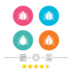Bugs vaccination icons. Virus software error sign symbols. Calendar, cogwheel and report linear icons. Star vote ranking. Vector