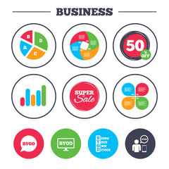 Business pie chart. Growth graph. BYOD icons. Human with notebook and smartphone signs. Speech bubble symbol. Super sale and discount buttons. Vector