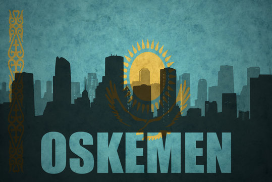 abstract silhouette of the city with text Oskemen at the vintage kazakhstan flag