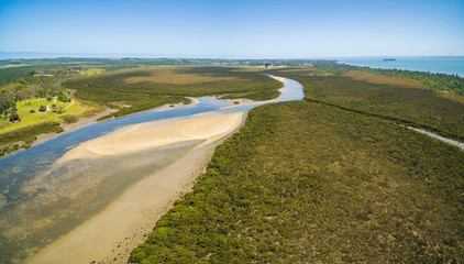 Aerial view of mangroves and countryside coastline at Rhyll. Phillip Island, Victoria, Australia