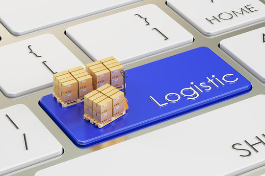 Logistic concept on blue keyboard button, 3D rendering