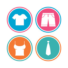 Clothes icons. T-shirt and bermuda shorts signs. Business tie symbol. Colored circle buttons. Vector
